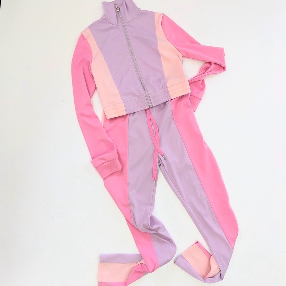 Lavender & Pink Colorblock Crop Jacket Two-Piece Active Track Set